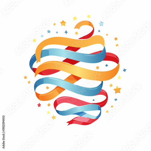 Colorful ribbons and stars swirl in festive celebration atmosphere