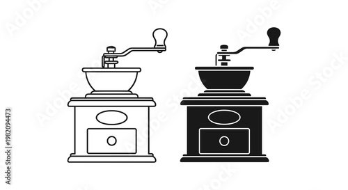 Vintage coffee grinders, antique manual mills, black and white illustration, kitchen utensils