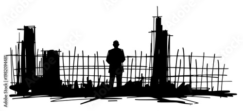 Canvas Print Lonely person silhouette standing behind wire fence in dramatic high contrast sk