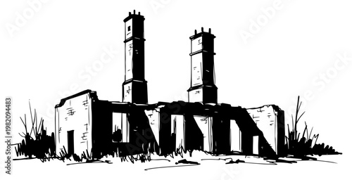 Ruined industrial factory building with tall chimneys in desolate post apocalyptic sketch style