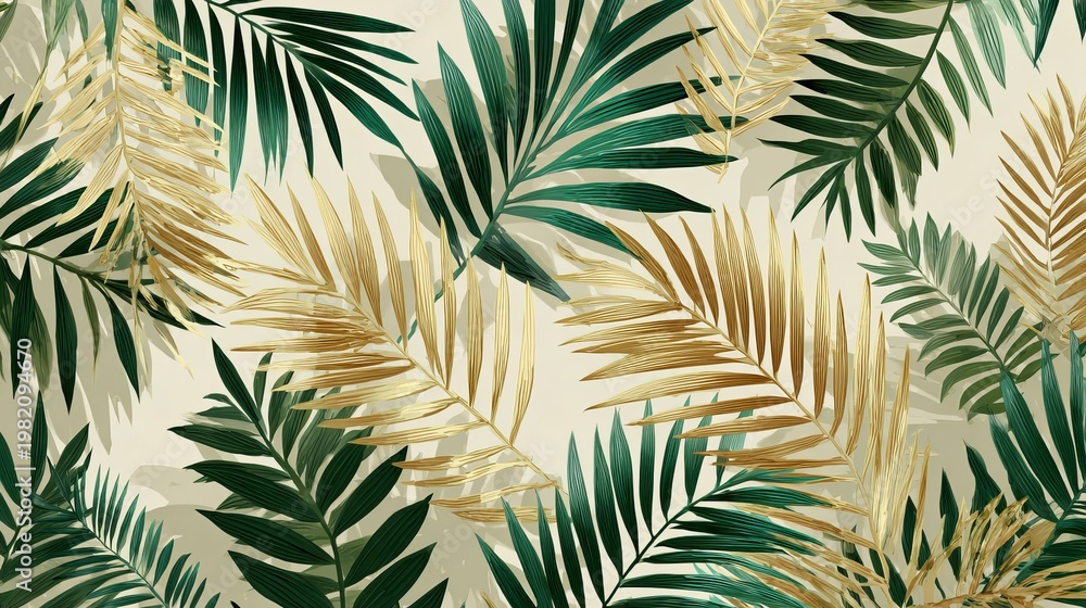 Naklejka premium Golden and green palm leaves create a minimal summer jungle pattern.