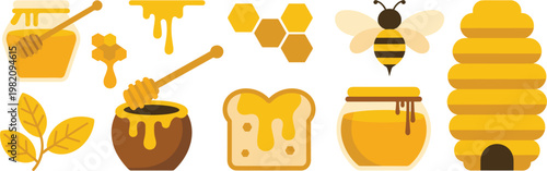 Honey elements set with jars dipper and beehive, sweet natural food vector illustration