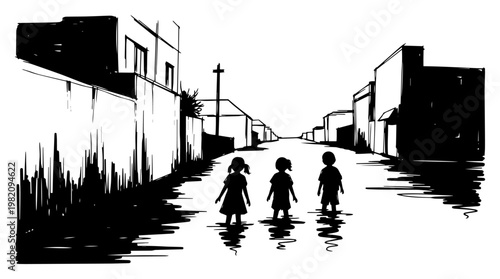 Children walking through flooded city street in hand drawn ink style