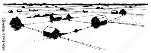 Submerged houses in flooded rural landscape in hand drawn ink style