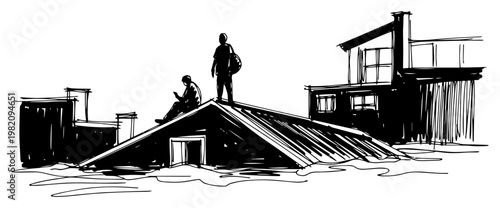 People seeking refuge on house rooftop during flood in hand drawn ink style