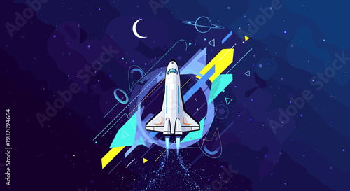 A futuristic white space shuttle launches into a vibrant, abstract galaxy filled with geometric shapes and celestial bodies.