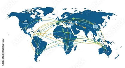 Global transportation network map showing air travel routes and connections.