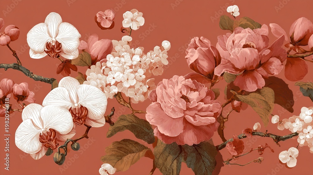 Obraz premium Orchids and peonies create a smooth, vintage floral design on terracotta.