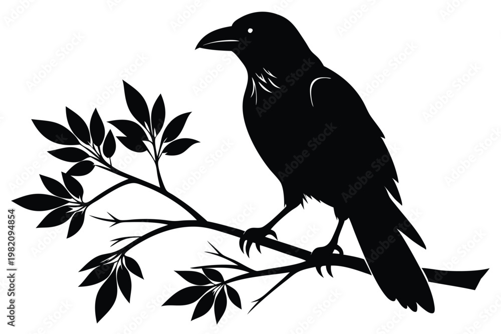 Naklejka premium crow setting on a branch silhouette line art vector illustration with a white background