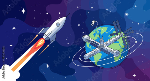 A rocket launches into space, leaving Earth and its orbiting space station behind, with an astronaut floating nearby.