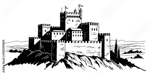 Medieval castle on a rocky hill with fortress walls and towers in minimalist ink sketch style