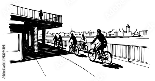 People riding bicycles on a riverside promenade with city skyline in minimalist ink sketch style