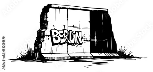 Berlin Wall fragment with graffiti text on a grass field in minimalist ink sketch style