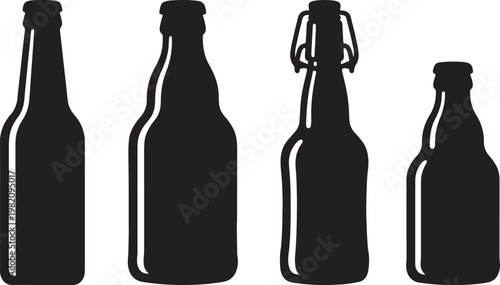 An isolated white background highlights a transparent glass and a green bottle of wine alongside a bottle of beer, creating a blank beverage object perfect for a winery celebration or bar