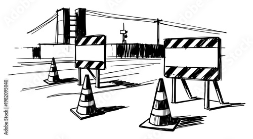 Road construction site with traffic cones and warning signs in hand drawn sketch style
