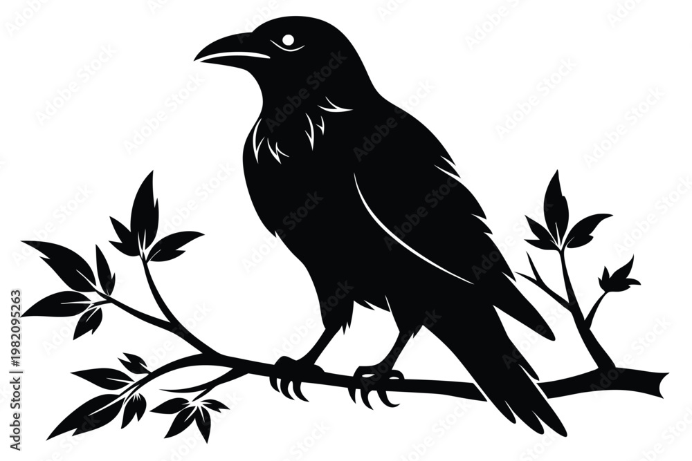 Naklejka premium crow setting on a branch silhouette line art vector illustration with a white background