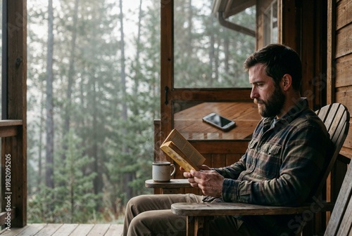Bearded Man Reading a Book on a Rustic Cabin Porch in the Forest