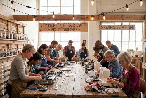 Diverse Community Repairing Items Together at a Repair Cafe Workshop