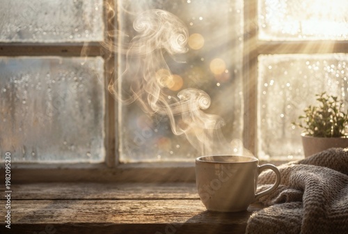 Steaming Mug on Rustic Windowsill in Warm Morning Sunlight