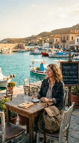 Woman Enjoying Coffee at a Scenic Harbor Cafe in Greece