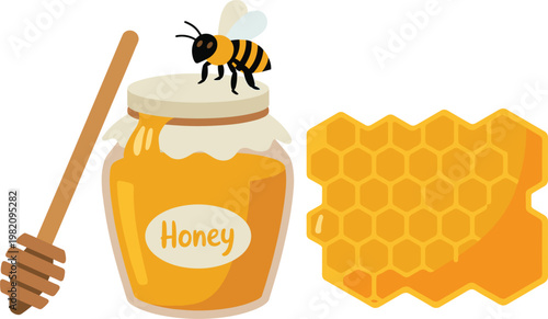 Honey jar with dipper and honeycomb, bee and sweet food vector illustration set