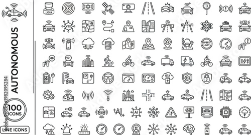 A collection of 100 autonomous line icons depicting various technological and transportation concepts AI, eps, png, jpg. transparent background.