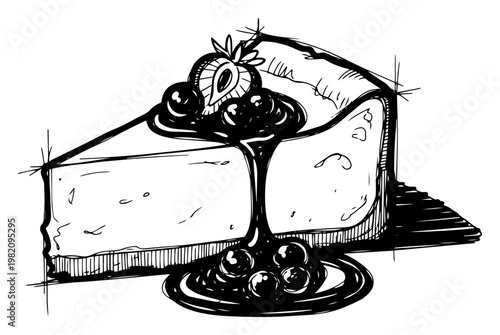 Cheesecake slice with berries and flowing fruit sauce on top in hand drawn sketch style