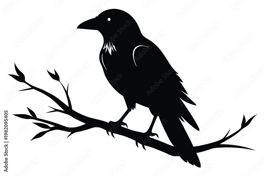 Obraz premium crow setting on a branch silhouette line art vector illustration with a white background