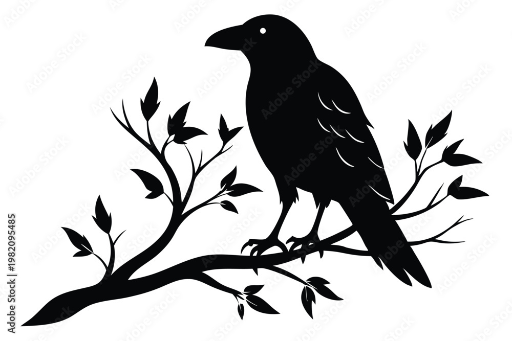 Obraz premium crow setting on a branch silhouette line art vector illustration with a white background