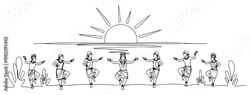 Tribal dancers performing ritual dance at sunrise in minimalist continuous line art style