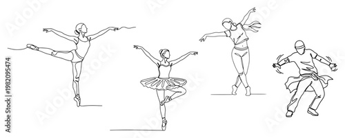 Diverse dancers including ballerina and contemporary artist performing in minimalist continuous line art style