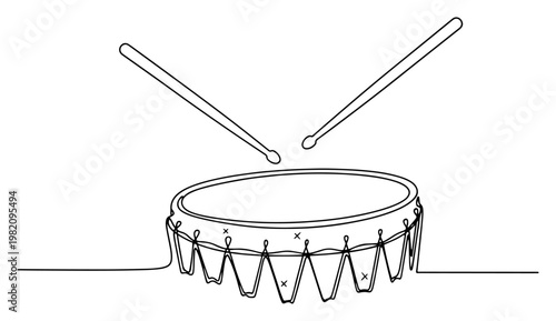 Musical drum with pair of drumsticks in minimalist continuous line art style