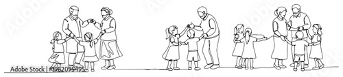 Family generations and children playing together in groups in minimalist continuous line art style