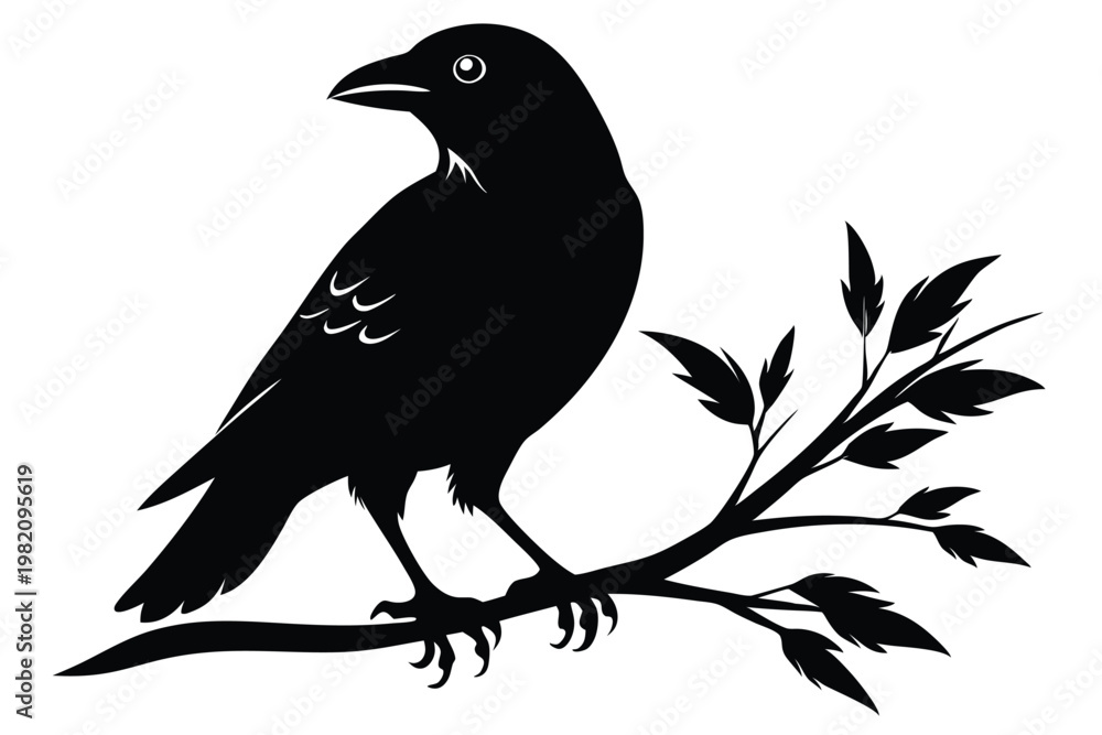 Obraz premium crow setting on a branch silhouette line art vector illustration with a white background