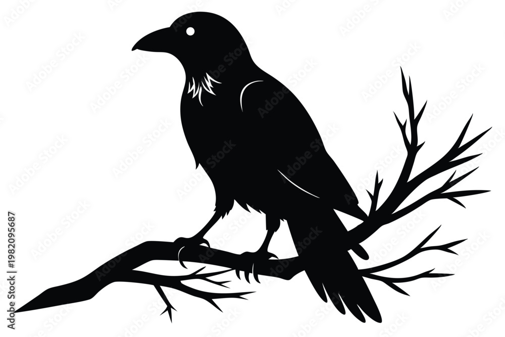 Naklejka premium crow setting on a branch silhouette line art vector illustration with a white background