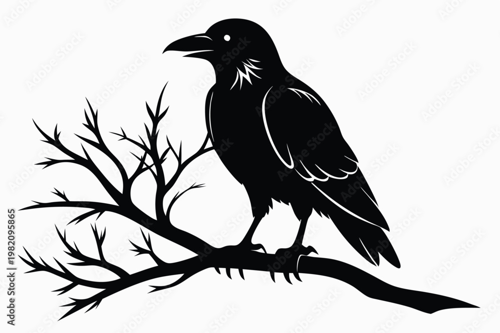 Naklejka premium crow setting on a branch silhouette line art vector illustration with a white background