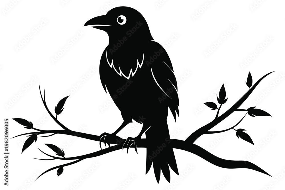 Naklejka premium crow setting on a branch silhouette line art vector illustration with a white background