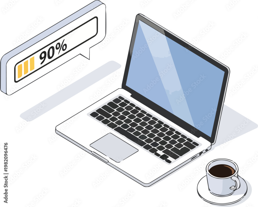 Fototapeta premium Isometric Laptop with 90 Percent Loading Progress Bar and Coffee Cup Illustration Isolated on White Background