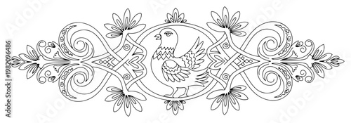 Decorative bird folk ornament featuring floral scrolls and circular frame in traditional ethnic style