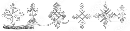 Slavic folk embroidery pattern with geometric ethnic ornaments and traditional symbols in line art style