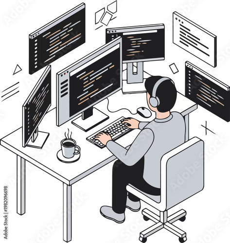 Isometric Illustration of Software Developer Programmer Working at a Desk with Multiple Screens Coding and Web Development