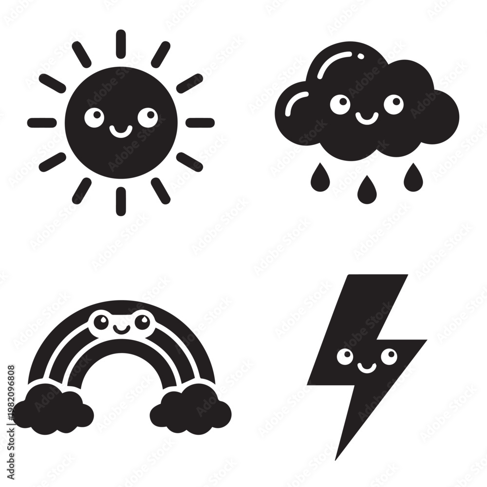 Fototapeta premium Cute Weather Elements Icon Set - Isolated Flat Vector Black Silhouette Graphic Resource