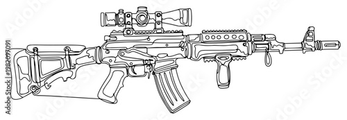 Quadro su tela Modern tactical assault rifle with scope and optical sight in minimalist continu