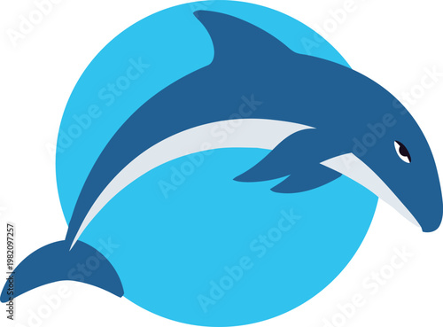 Blue dolphin jumping over stylized wave flat cartoon logo on white background