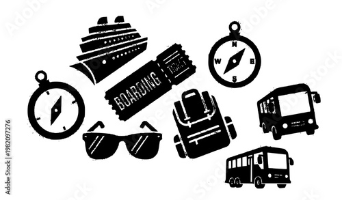 Modern black travel icon set with cruise ship ticket compass and backpack flat glyph vector isolated on white