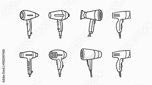 Eight outlined hair dryers on white; varied shapes and cord styles presented in a grid