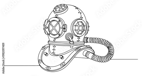 Antique deep sea diving helmet with air hose in steampunk line art style