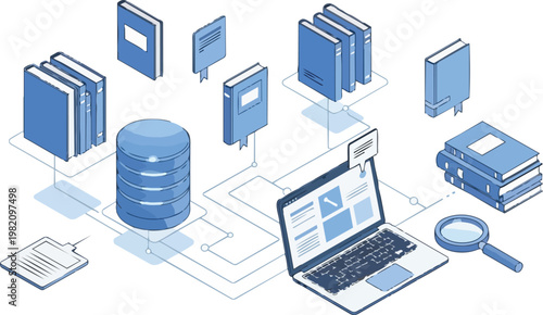 Isometric Digital Library and Online Database Management Concept Illustration with Laptop, Books, and Search Magnifying Glass