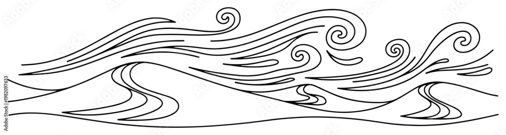 Fototapeta premium Desert dunes and blowing wind swirls in minimalist continuous line art style