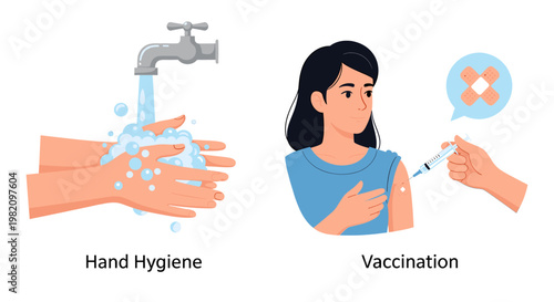 An illustration depicting two essential public health measures: hand hygiene with soap and water, and a person receiving a vaccination shot in the arm.